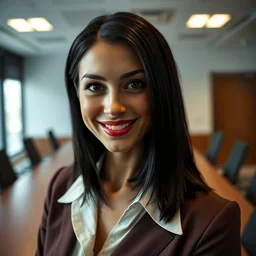 a portrait photograph of a smug woman executive with vampire fangs in a board room, black hair, dof, sharp focus, slight smile, pale, highly detailed face, symmetric face, 4 k, cinestill 8 0 0 t, exif, raw, photography by andreas franke