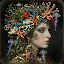 daguerreotype hyperrealistic detailed face side portrait of the beautiful goddess of the fish skeletons with an intricate headgear of corals, sea kelp, sea plants, fish, starfish, jellyfish, art by ernst haeckel, john william godward, android jones, alphonso mucha, h. r. giger, gothic - cyberpunk, ornamental, beautiful deep colours,