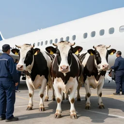realistic photo of genetically enhanced dairy cows with human intelligence and awareness boarding an airliner just like the people do. one says i hate the prod. the other says yeah but it's so effective. first nods in agreement