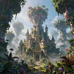 Highly detailed wide angle photo of a castle, in a fractal forest, dense vegetation realistic lighting volumetric lighting floating particle effects wonderland fantasy vivid colours fog mist lightrays octane render by Tyler Edlin, hyper realistic, fantasy art