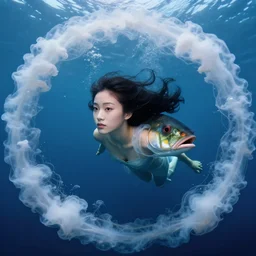 surrealist head fish Chinese woman body surrealistic, half fish half Chinese woman ,  fish head, diving in the air rounded by jelly clouds made by national geographic underwater photographer 4k, 8k,