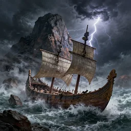 an ancient trojan trireme being destroyed and shattering in a massive storm, destruction, huge looming mountainous rocks, whirlpool, trireme, by greg rutkowski, grim, lightning flashes, sky swirling with black wind, dark sky, dramatic, realistic, detailed, ancient, artstation, artgerm, digital painting