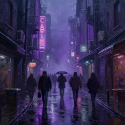 a oil painting of narrow crowded cyberpunk street in rainy night, purple neons, heave foggy, sci - fi, wet winter, low angle shot, water reflect, lush detail, cinematic lighting, sharp focus, hyperrealism, volumetric light, by sebastian luca on artstation. 4 k, concept art.
