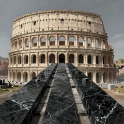 Digital painting of futuristic construction, straight forms, black marble and basalt material, as futuristic Colosseum during ancient Rome, lovecraft style, hyperdetailed, artstation, cgsociety, 8k