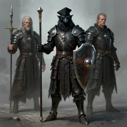( ( ( half - length portrait of a kenku crow person with sword cane and shield wearing black armor and a porkpie hat ) ) ), d & d, medieval, fantasy, dave mckean, hr giger, peter mohrbacher
