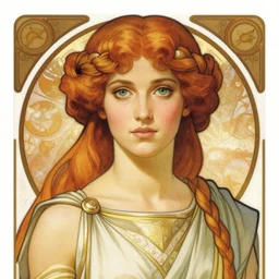 portrait of cassandra the trojan prophetess, redgold hair, greek nose, high cheekbones, greek face, braided brown hair, green eyes, chiton, high fantasy, dnd, smooth, sharp focus, illustration, by rossdraws, alphonse mucha, frank fanzzeta, collectible card art
