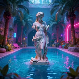 a photograph of a broken statue in a surreal underground swimming pool surrounded by palm trees water and neon lights, vaporwave, unreal engine, octane render, dramatic lighting, volumetric lighting, neon lighting, ultra detailed, photorealistic