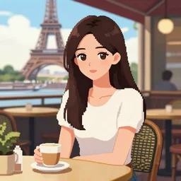 young woman at a cafe in paris, graphic novel, pixel art, visual novel cg, 8 0 s anime vibe, vaporwave nostalgia, vogue magazine, kimagure orange road, maison ikkoku, city hunter, great teacher onizuka