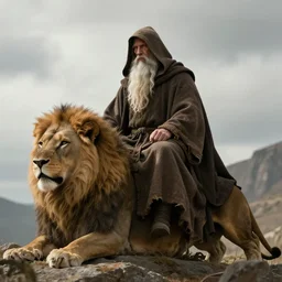 hooded wise old man ( long white beard wearing a brown hooded tunic ) sitting on a lions back, majestic, epic digital art, cinematic, trending on artstation, superb detail 8 k, wide - angle, masterpiece