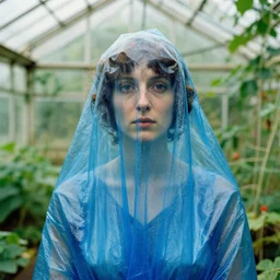 closeup portrait of a woman wrapped in blue cellophane, standing in an overgrown greenhouse, color photograph, by james abbott mcneill whistler, canon eos c 3 0 0, ƒ 1. 8, 3 5 mm, 8 k, medium - format print