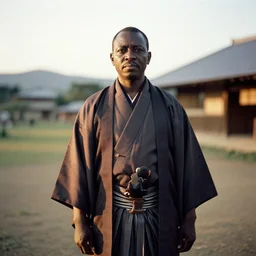 analogue photo of an igbo chief in Japanese Haori & Hakama, 35mm, f/1.4, Golden Hour light, national geographic, photographed by Martha Cooper,