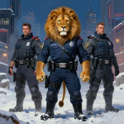 anthropomorphic lion wearing police swat gear in a cyberpunk city at night in the snow, character design, painting by gaston bussiere, craig mullins, j. c. leyendecker, tom of finland