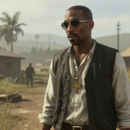 Film still of Tupac Shakur, from Red Dead Redemption 2 (2018 video game)