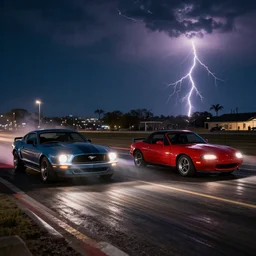 Ford Mustang and Mazda Miata drag race, midnight streets, 4k, lightning strikes