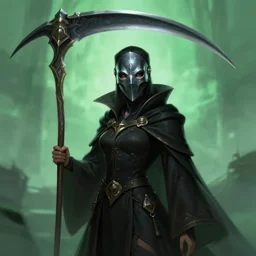 a highly detailed illustration of plague doctor mask wearing woman, wearing black robe, wielding large scythe, surrounded by green mist background, intricate, elegant, highly detailed, centered, digital painting, artstation, concept art, smooth, sharp focus, league of legends concept art, WLOP