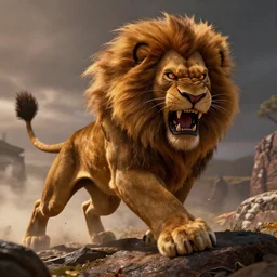 disney style, angry horrifying attacking lion, pouncing, cinematic, terrifying,