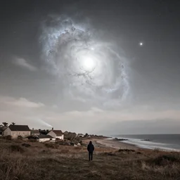 a beautiful double exposure of the astronomy picture of the day, nebula, with a person in a rural seaside village landscape at night, soft white light, muted, neutral light, light blue tones, chimney smoke, long exposure clouds, unreal engine, anamorphic, cinestill cinematography