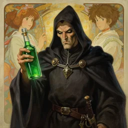 villianous medieval assassain holding green bottle of poison, natural lighting, path traced, highly detailed, high quality, digital painting, by don bluth and ross tran and studio ghibli and alphonse mucha, artgerm