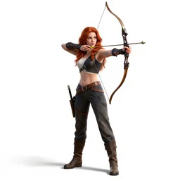 red-haired archer drawing bow, detailed 3d character render, full body, standing, isolated on a pure white background, centered, whole figure in frame, sharp focus, studio lighting