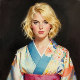 stunning, breathtaking, awe - inspiring award - winning concept art portrait painting by steve mccurry of a beautiful young blonde latina woman with short, wavy hair, wearing a colorful yukata