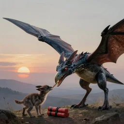 a pterodactyl feeding its young a stick of dynamite, painterly, hyperrealistic, 4 k, concept art, render, unreal engine, photorealism, artstation, eerie lighting, pre dawn