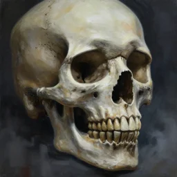 acrylic painting of close up of a skull, dof, necromantic skull, black bone, rough brush strokes, rendered by seb mckinnon, rendered by alex ross, volumetric lighting, fog, 4 k, trending on artstation, rendered by beksinski, unreal engine, mtg