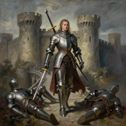 painting of a medieval female knight pierced by blades walking over a castle bridge, fallen knights surrounding her. dramatic pose, dramatic lighting