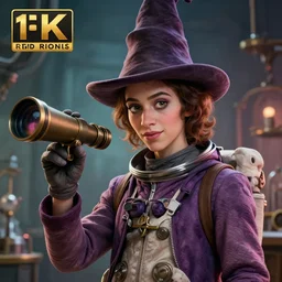an anthropomorphic beautiful young alien willy wonka portrait holding a bonk made of telescope wearing astronaut suit in a lab, fine art, award winning, intricate, elegant, sharp focus, octane render, hyperrealistic, wizard hat cinematic lighting, highly detailed, digital painting, 8 k concept art, art by jamie hewlett and z. w. gu, masterpiece, trending on artstation, 8 k