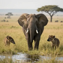 wildlife on the african plains, long grass, sparkling water, glistening, hyper realistic, hyper detailed, digital art, trending in artstation, cinematic lighting, studio quality, smooth render, unreal engine 5 rendered, octane rendered, by paul lehr