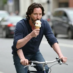 Keanu Reeves eating three scoop ice cream cone on a bicycle