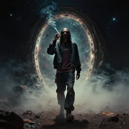 a dramatic photograph of snoop dog smoking a joint in an infinite universe while crossing the mystical portal to the beyond, ground haze, dramatic lighting, filmic, cinematographic, sci - fi