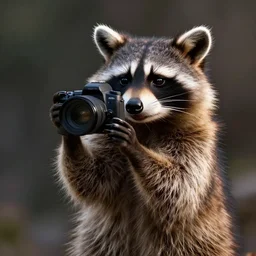 a hyperrealistic octane render of a raccoon holding a dslr camera taking a photograph, photorealism, unreal engine, dramatic lighting, volumetric lighting, uplighting