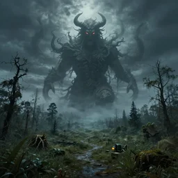 a dreamscape with various nature scenery haunted by a being of immense power