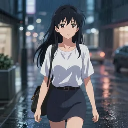 upper - body illustration of highly detailed beautiful anime girl walking through rainy city at night, depth of field, 8 k by makoto shinkai, pixiv, danbooru, gelbooru