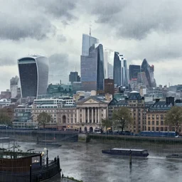 cityscape, dreary, london, skyline, rain, anime art, digital watercolor