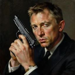 a beautiful painting in the style of cedric peyravernay of daniel craig as james bond, dimly lit in the shadows holding a walther ppk close to his face, extremely detailed, 4 k