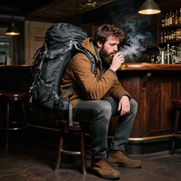 Photography of a sad fully bearded man wearing warm clothes and  carrying a huge travel backpack, drinking and smoking , sitting in a bar, full body shot, atmospheric lighting , wide angle lens