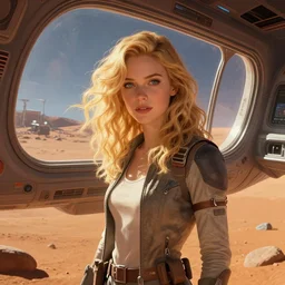 young Plejaden woman with wavy blonde hair in a retro spaceship with large windows lands on mars, detailed digital art, trending on Artstation