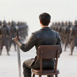 hero sitting on a chair holding a sword on his back, looking at a army in the background illustrated by yoji shinkawa, pencil art, extra detail, dynamic, colored, blood, metal swords, clearly drawn, sharp lines