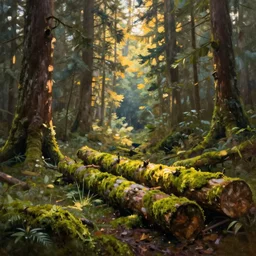 Fantasy Oil painting of Hoh National Forest and logs covered in moss, Greg Rutkowski, National Geograpic, Trending on Artstation, Morning Glow, n-8 H- 640 W- 360