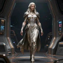 portrait of a beautiful full body female mage elden ring with default pose in a spaceport, d & d, fantasy, front light, intricate, muscular, highly detailed, digital painting, artstation, concept art, smooth, sharp focus, illustration, art by simon bisley and greg rutkowski and alphonse mucha, 8 k