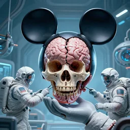 graphic art dystopian futuristic human mechanic surgeons!!! astronauts, operate on a mickeymouse!!!!!!!!!! head cracked!! skull brain! exposed, held by claw, blood!!! on floor ominous glowing red netflix!!! logo background, beeple!!!!, clean concept art, smooth, octane render, minimal