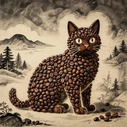 cat made of coffee beans in lithography style of ogata korin