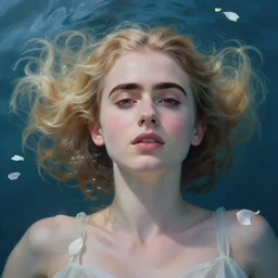a beautiful blonde queen girl lily collins, floating under the deep dream water, beautiful smooth soft light + white petal, oil paint, cinematic lighting, octane render, unreal engine 5, closeup, 4 k, highly detailed, instagram,