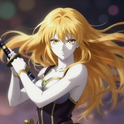 renaissance art elf girl with white skin, katana in hand, golden hair blowing the wind, trending artistic art, soft anime, dynamic photography, fate zero, symmetric realistic face, extremely high detailed, bokeh color background, studio ghibly makoto shinkai yuji yamaguchi