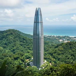 big skyscraper levitate over the jungle and ocean