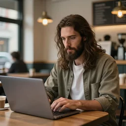 a highly realistic photo of hipster Jesus using his macbook in a modern coffee shop in New York, hyperdetailed, artstation, digital art, photorealism, accurate, 8k,