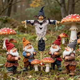 dwarves in traditional clothes in mushroom fields put up a scarecrow from bats