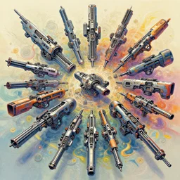 war in a future reality, concept art, advanced weapons, multicolor, wonder, intricate, highly detailed, creative