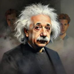 portrait of einstein, colorful, modern art deco, mads berg, karolis strautniekas, christopher balaskas, stippled light, fog, moody, fine texture, editorial illustration, dramatic lighting, dynamic composition, detailed, matte print, dynamic perspective, muted color